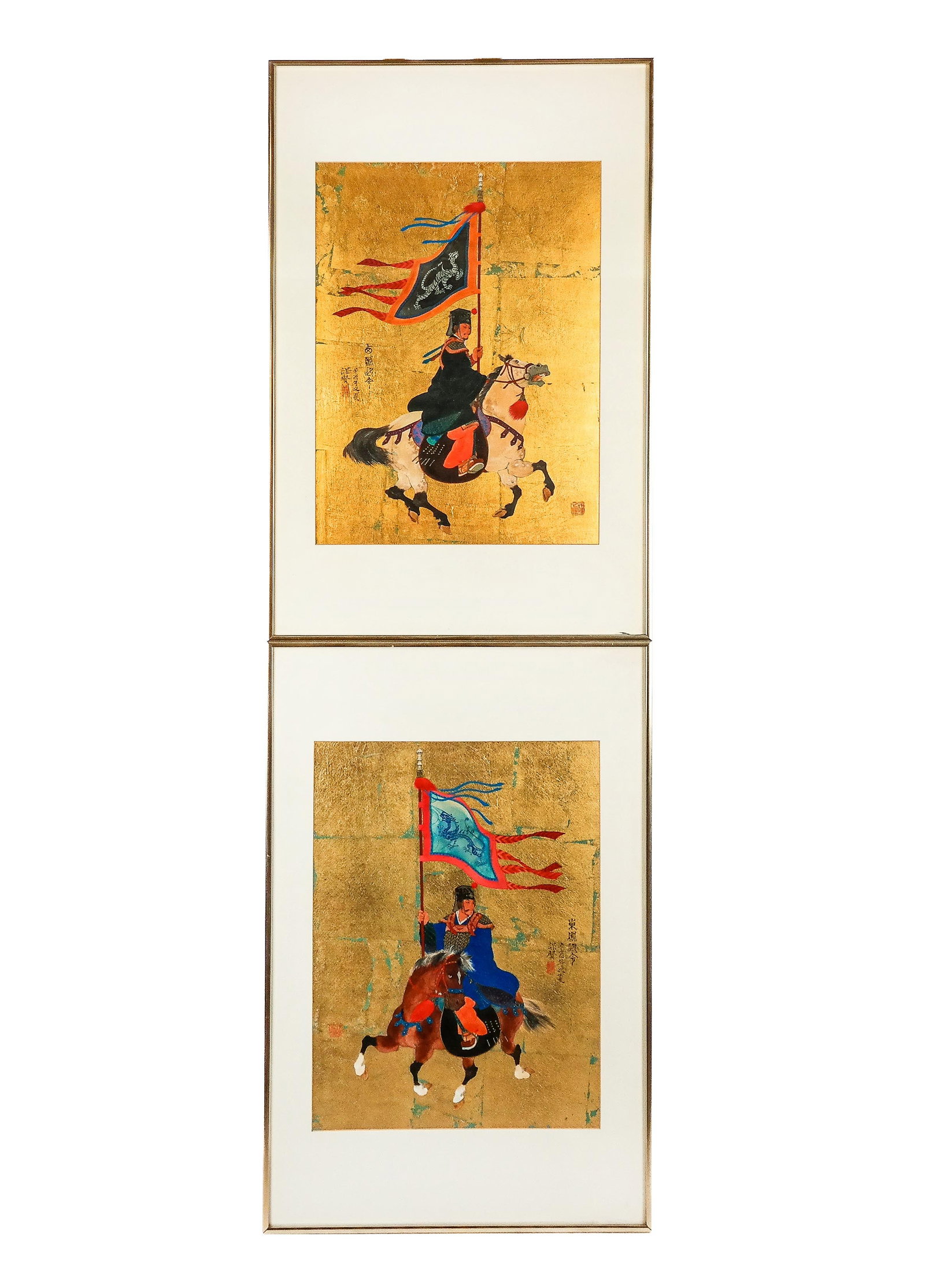 Mou-Sien TSENG: Pair of Oil Paintings on Paper: Local artist Mou-Sien Tseng (American, 20th C.) pair of oil paintings on paper, depicting men on horseback carrying processional flags, signed, with card on back, framed under glass. [Art: 20" H x 15"