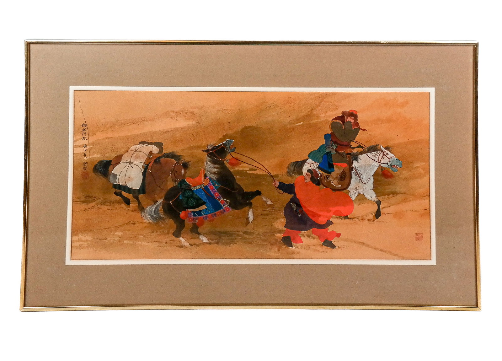 Mou-Sien TSENG: Watercolor Painting: Local artist Mou-Sien Tseng (American, 20th C.) watercolor on paper, depicting men with horses, part of the "Man in the Saddle" series, signed lower right. [Art: 15" H x 32" W; Frames: 24" H x 40" W].