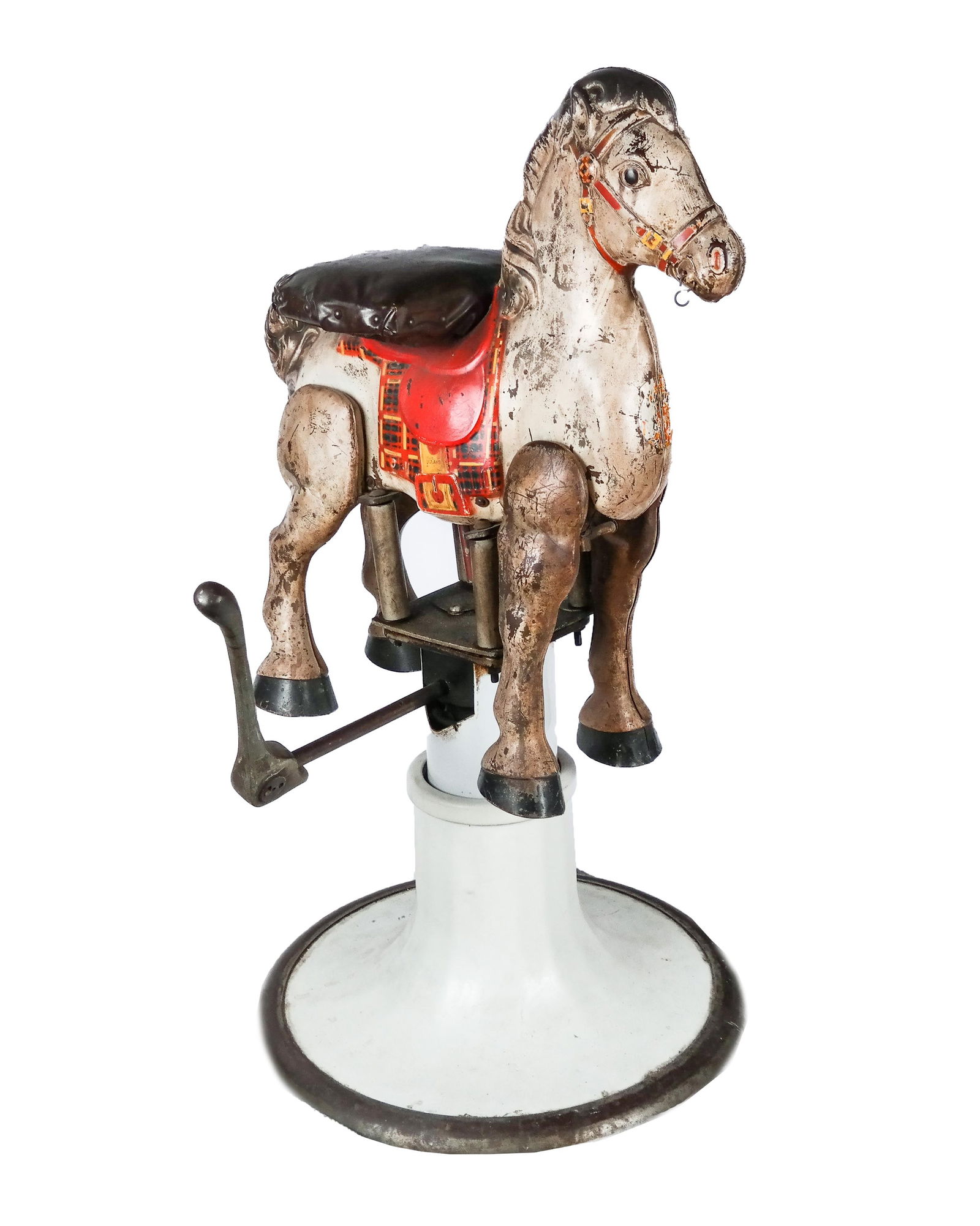 Vintage Horse-Design Child's Barber Chair: Vintage metal decorated (possibly Mobo) barber chair with a horse as a seat for a child. [46.5" H x 27" W x 27" D; Base: 24" diameter]. Extreme wear to paint; not working. Condition reports and reques