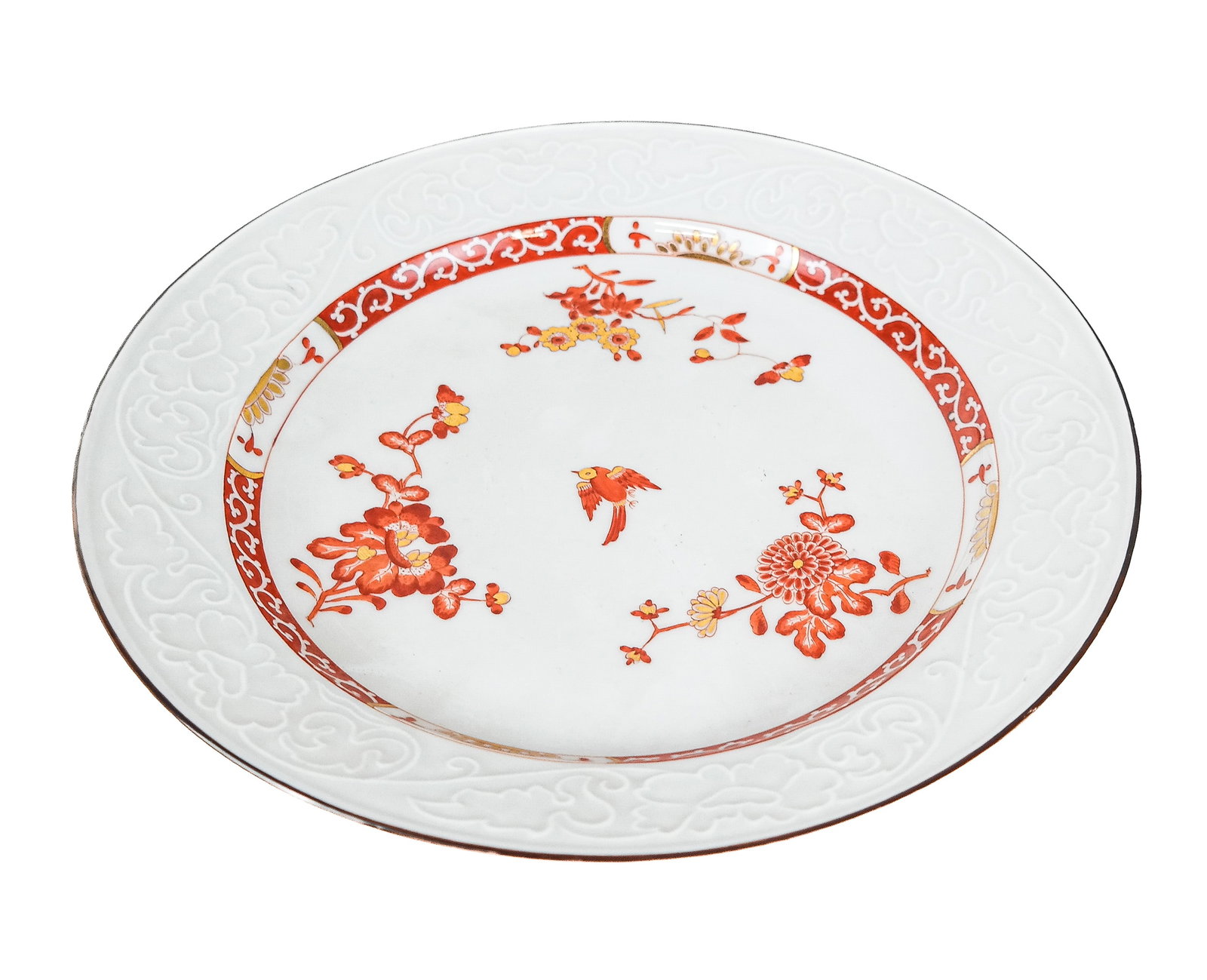 Meissen Orange "Indian Flower" Plate: Meissen orange and white "Indian Flower" porcelain plate with gilt accents, German, 1815 - 1923, further accented with embossed border, marks to base [9.25" Diameter] Overall condition is good, minor 