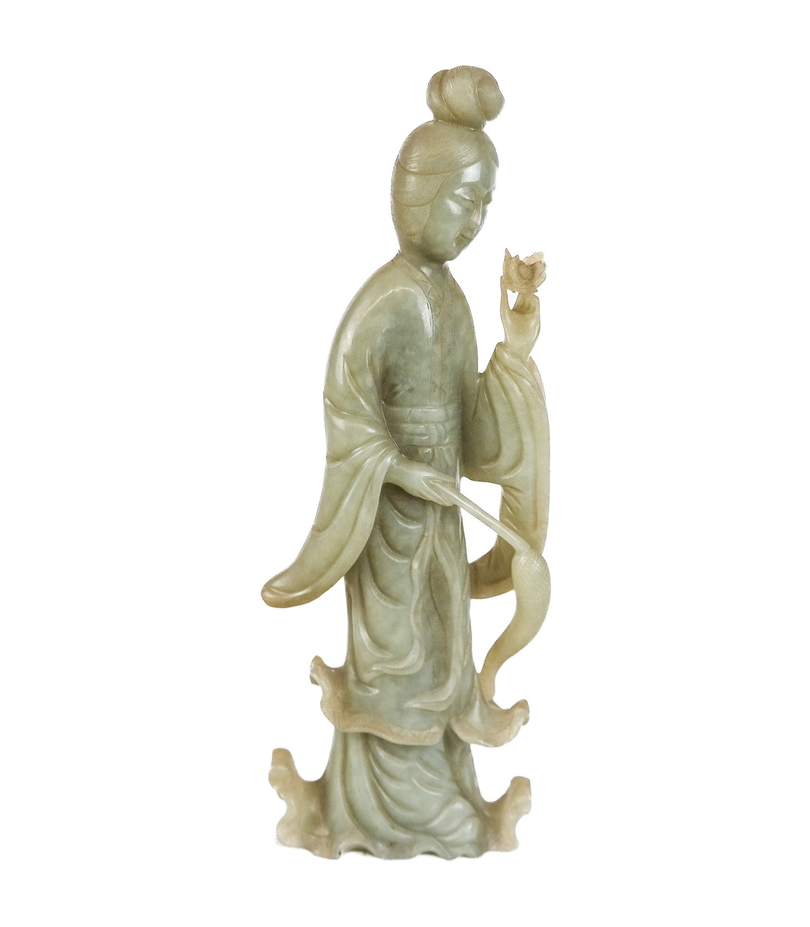 Chinese Jade Figure of a Meiren: Chinese jade figure of a meiren, or beautiful woman, possibly Qing Dynasty, holding a flower. [10" H x 4" W x 1" D]. Overall condition is good.