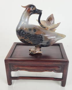 Chinese Carved Agate Figure of a Duck on Stand