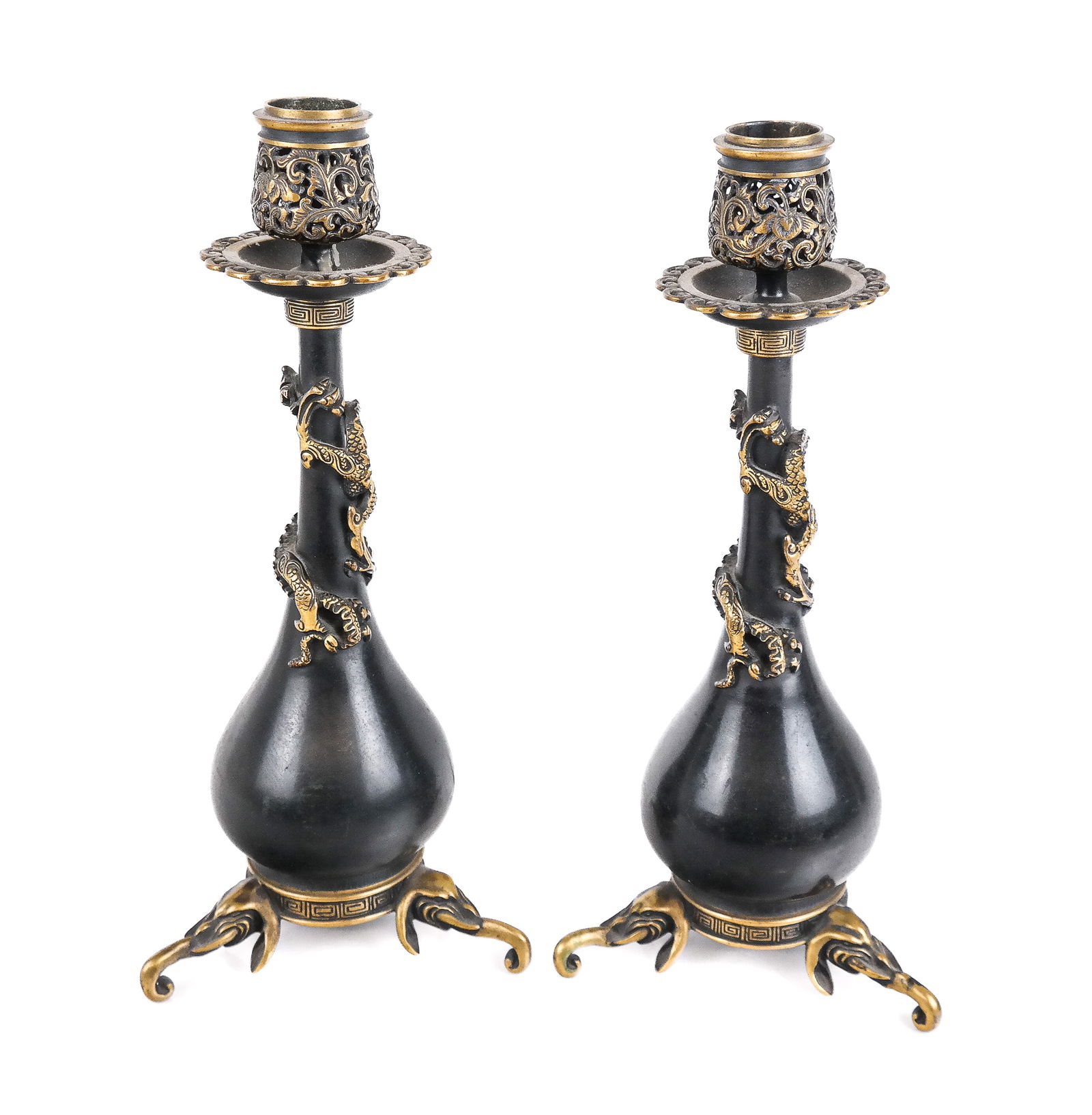 Chinese Pair Brass Mounted Copper Candlesticks (1 of 7)