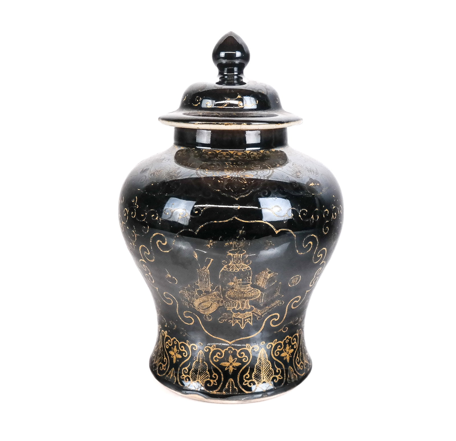 Black and Gilt Ginger Jar: Black and gilt covered ginger jar with Chinoiserie decorations and imagery [7.25" Diameter 11" Height] Overall good condition, with normal signs of wear