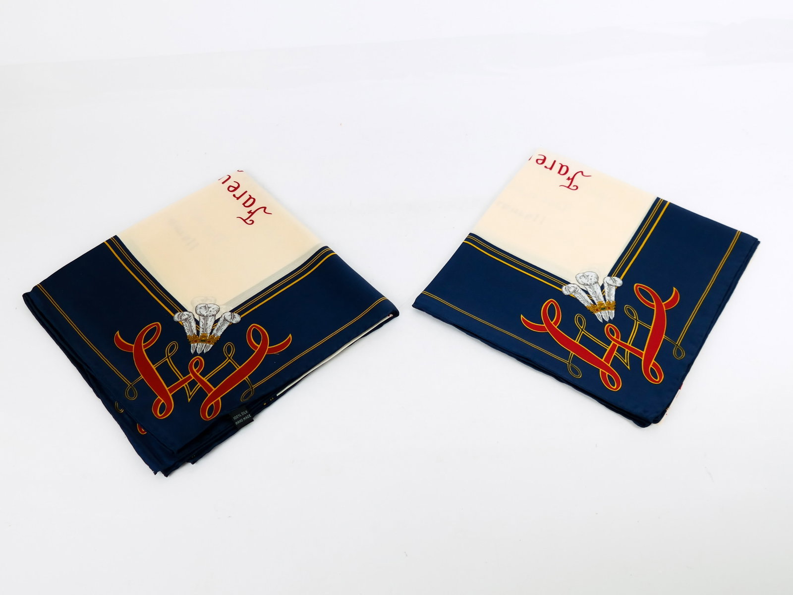 Franklin Mint Pair of Scarves: A pair of Franklin Mint handmade commemorative silk scarves with 'The King's Farewell' commemorating a hand written latter by King Edward VIII written on December 11, 1936 when he abdicated the throne