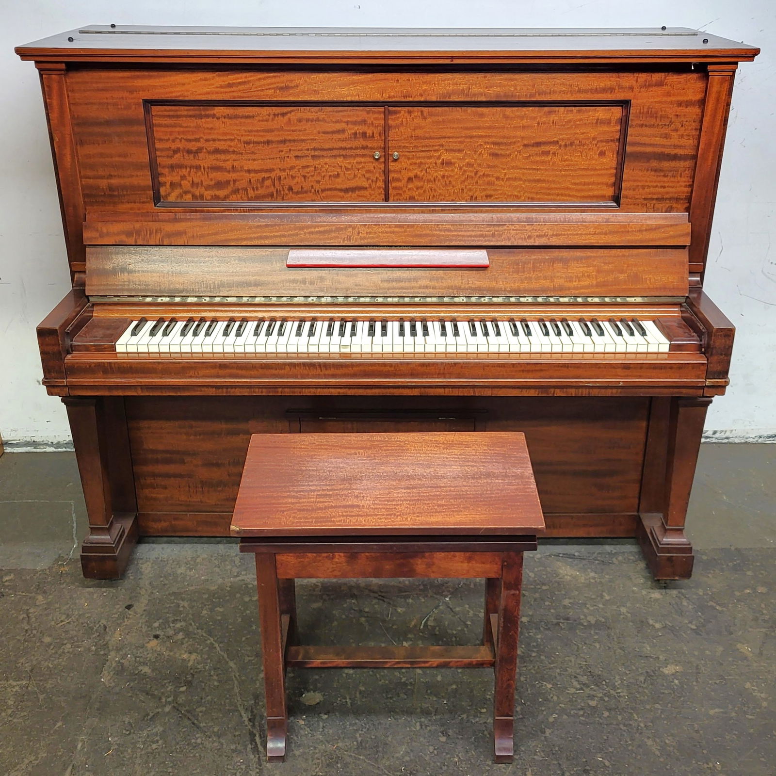 Steinway & Sons Upright Player Piano w/ Bench: Steinway & Sons mahogany upright roll player piano with bench, piano #143337, 1910 [Piano: 52.75" H x 60" W x 30" D, bench: 23" H x 23" W x 12" D ]. Keys 'as is', mostly in need of glue. This item is