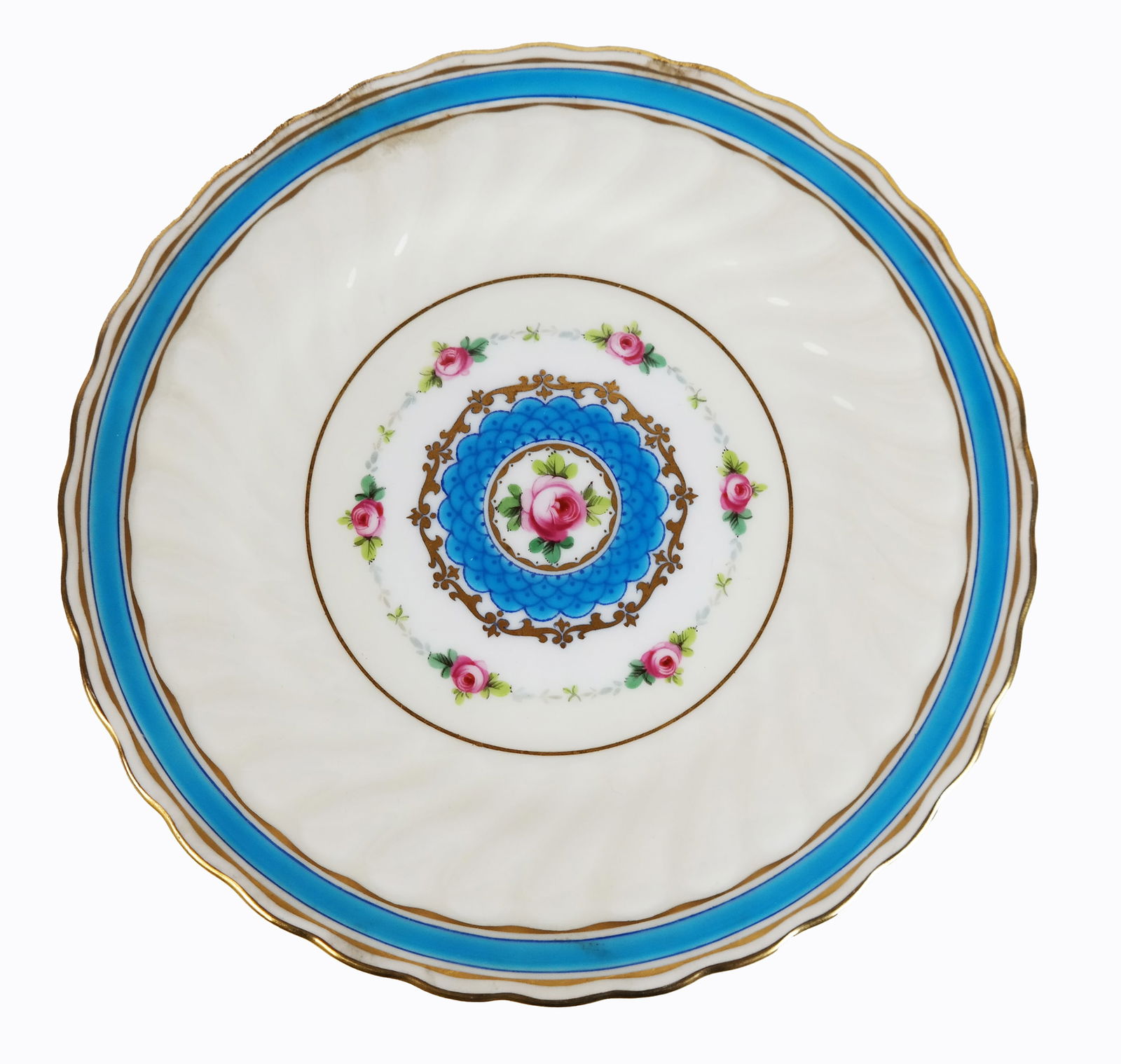14 Mintons Porcelain Blue-Bordered Dessert Plates: Mintons for Stonier & Co. set of 14 porcelain rose-painted and blue-bordered dessert plates with gilt banding and foliate designs, mark to base [8.75" Diameter] Overall condition is good, with normal