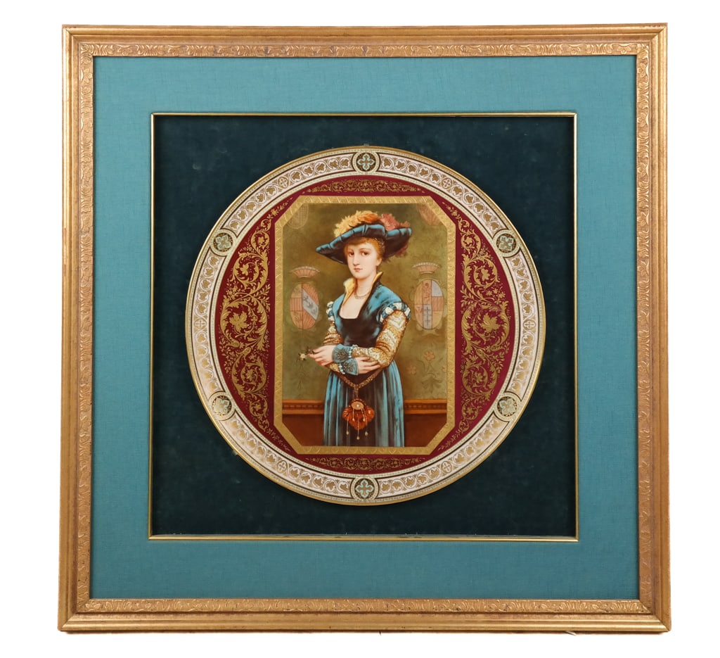 Continental Porcelain Portrait Charger in a Frame: Continental porcelain portrait charger in a frame, 20th century, depicting a woman with gilt decoration, on a velvet background in a gilt frame; marks obscured. [Charger: 19.75" Diameter; Frame: 32.5"