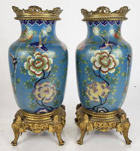 Pair Chinese Cloisonne and Bronze Mounted Vases