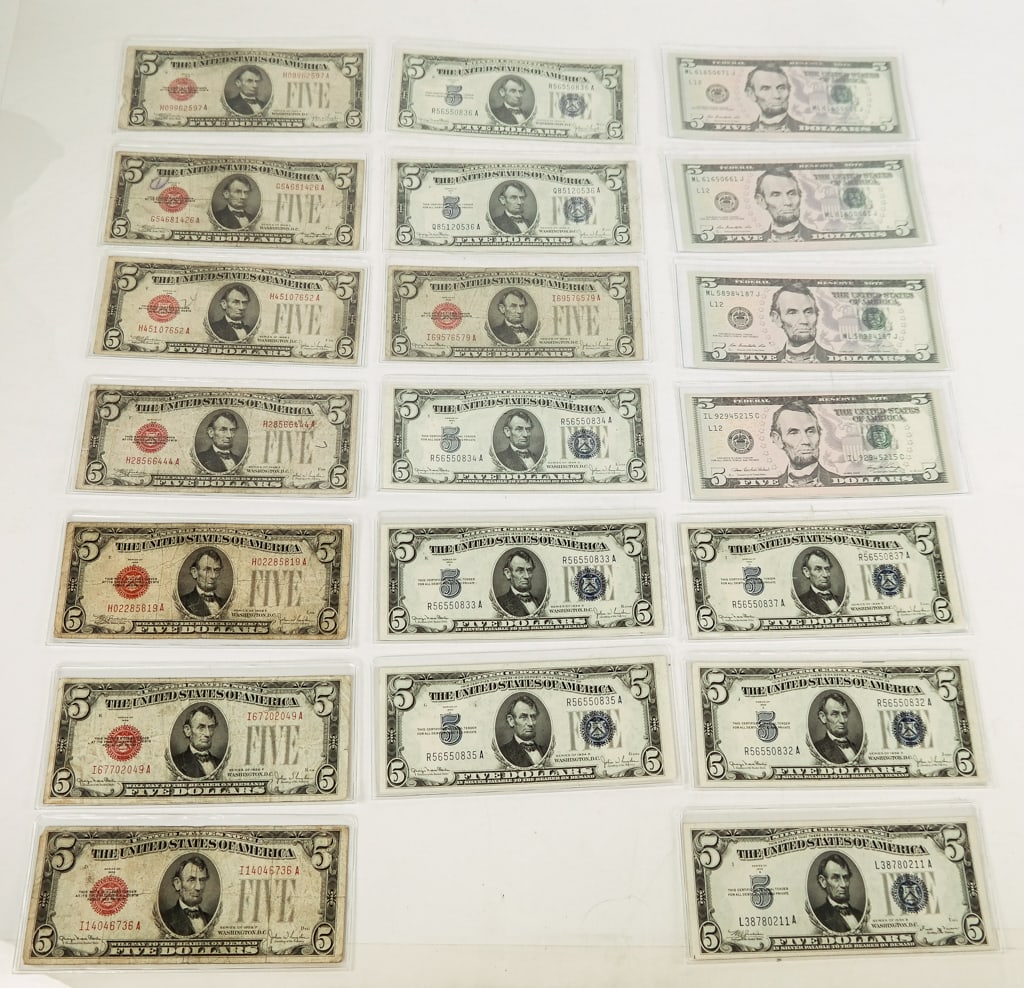 Group of 20 Vintage Five Dollar Bills: Group of five dollar bills, including: 7 five dollar bills from 1928 with some exhibiting folding and signs of circulation, 9 five dollar bills from 1934, and 4 five dollar bills from 2006-2021.