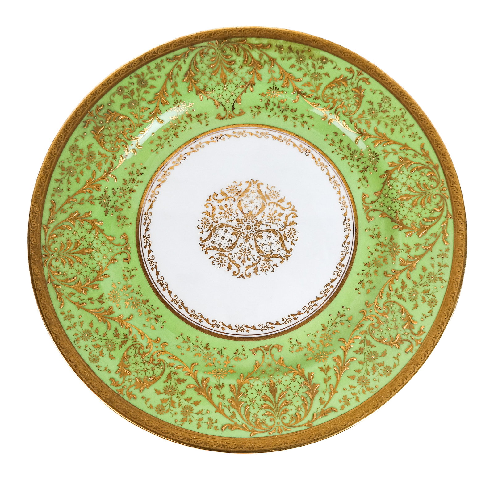 Royal Doulton Green and Gilt Decorated Plates, 11: Eleven Royal Doulton Lovington Brothers green and gilt dinner plates, 20th century, with scrolling gilt moriage design over a green border and cream center, marked Royal Doulton, Lovington Brothers, m