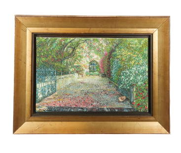 Illegibly Signed Pointillist Alleyway Painting