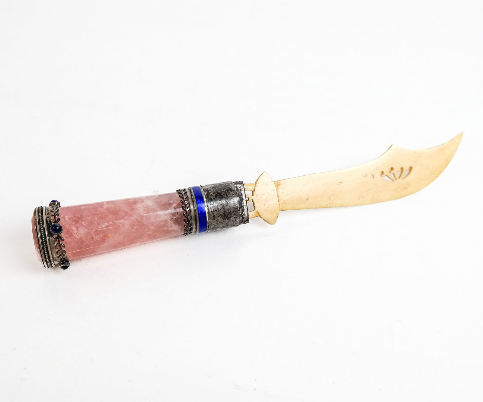 Russian Silver, Enamel & Rose Quartz Letter Opener: Russian silver, enamel & rose quartz letter opener, circa 1900, maker's mark to collar [7" L] Overall condition is fair, original blade replaced.