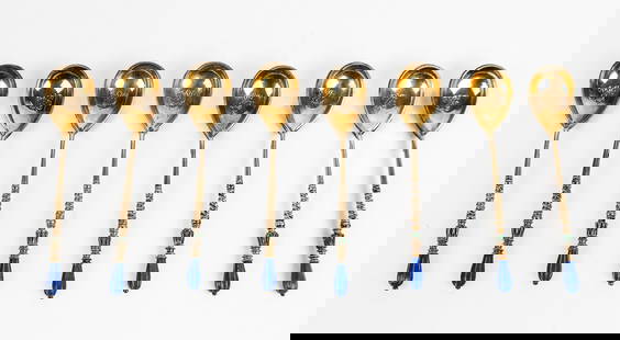 Russian Silver-Gilt and Cloisonné Demitasse Spoons