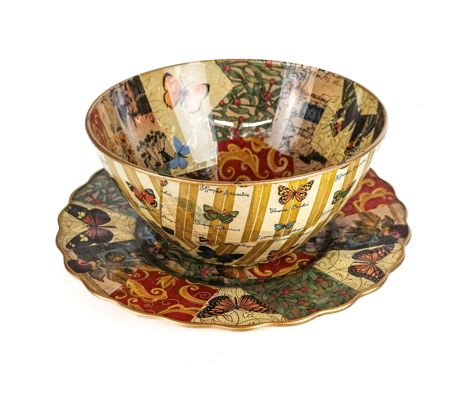 Decoupage Glass Bowl and Platter: Decoupage glass salad bowl and platter [Bowl: 5" H x 11" Diameter, Platter: 14" Diameter] Overall condition is good.