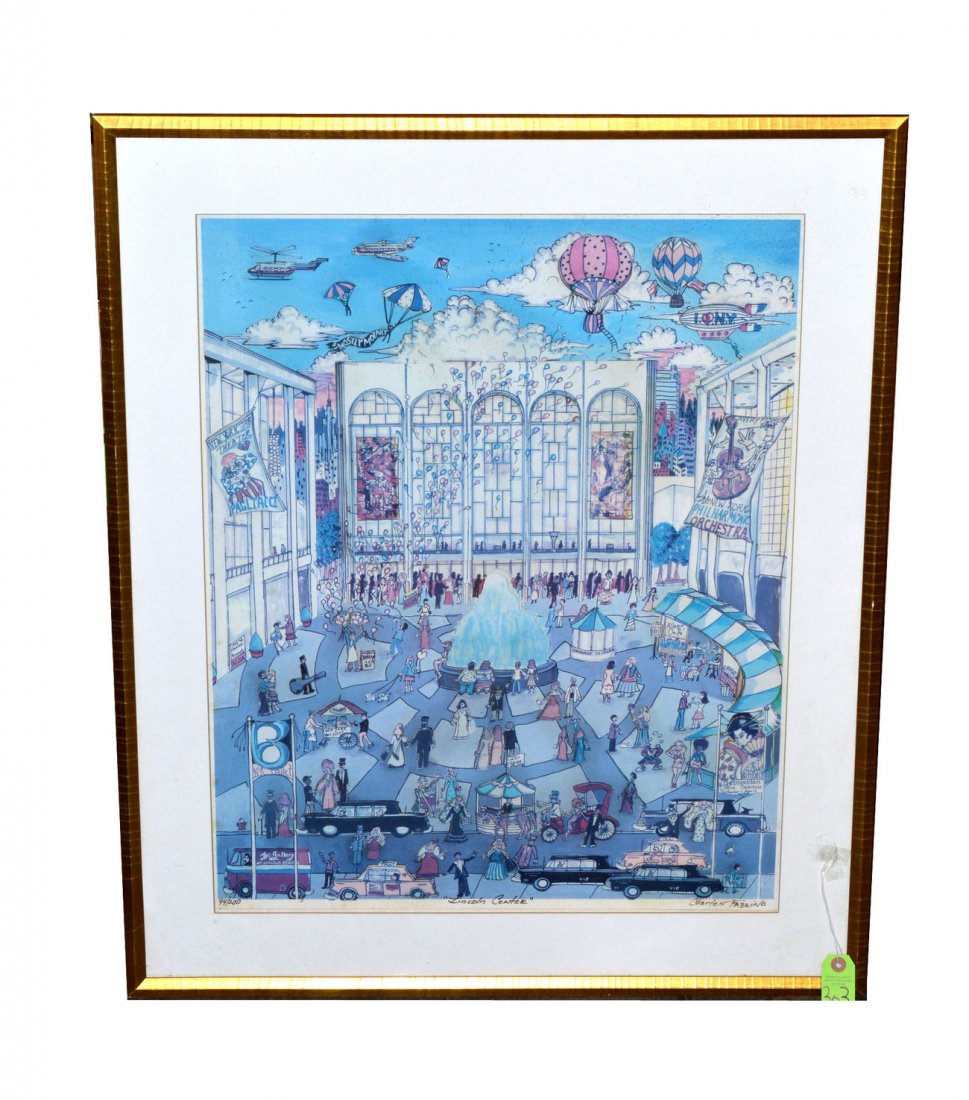 Charles Fazzino, 3D Collage - "Lincoln Center": Dense whimsical composition with multiple figures gathered at the arts center. Signed and inscribed in bottom white margin: "94/200 'Lincoln Center' Charles Fazzino." Art: 28 1/2" x 23". Frame: 37" x 