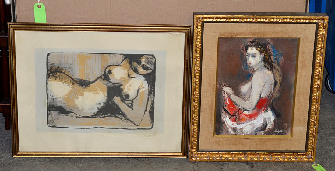 Two Modern Female Nudes, Oil on Canvas & Print: Comprises: 1.) Lithograph depicting a reclining figure in a 3/4 length full profile pose. Signed bottom right: "Butler '63 55/65" in pencil. Image: 13 1/2" x 19 1/4"; Frame: 21 1/4" x 26 3/4". Age ton