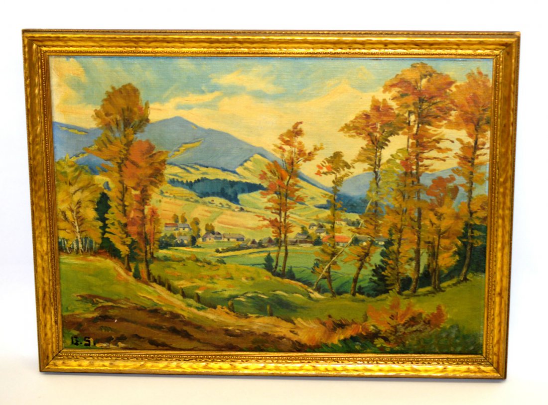 WPA Era, Oil on Canvas Board- Mountain Valley Town: Landscape with autumnal foliage. Signed bottom left "G. S." Art: 18" x 25 1/2". Frame: 21" x 28 1/2". Needs cleaning.