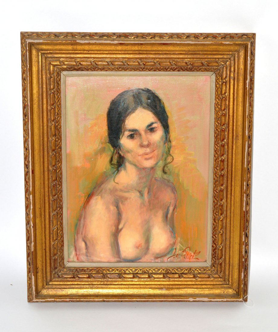 Jan Deruth, Oil on Canvas- Female Nude: Bust-length full profile depiction of a smiling woman. Wigned bottom right "Jan De Ruth". Art 15 1/2" x 11 1/2". Frame: 22 1/2" x 18 1/2". Good condition.