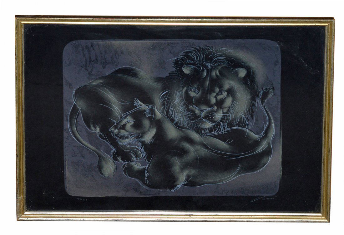 Hans Erni, Lithograph- Lion and Lioness: Stylized depiction of the two animals in repose. Printed on black paper. Numbered and signed in bottom margin "169/200 Erni". Image 15 1/2" x 18 1/2" on larger sheet. Frame: 20" x 27 1/4". Good condit
