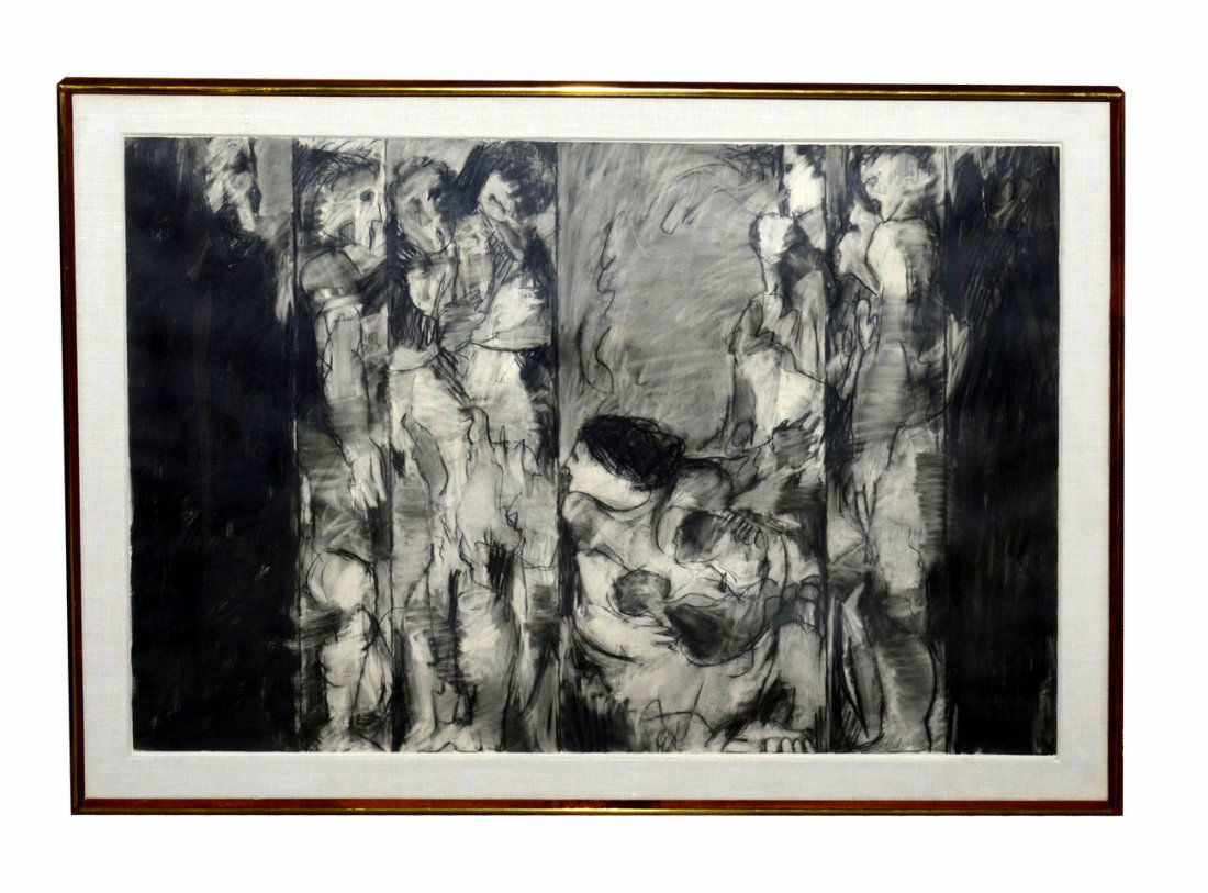 Nicky Nodjoumi Charcoal on Paper, Abstract Figures: Composition divided into six vertical strips, each occupied by abstract, semi-skeletal figures. Signed bottom right: "N. Nodjoumi 74". Art: 26" x 36"; Frame: 30 3/4" x 40 3/4".
