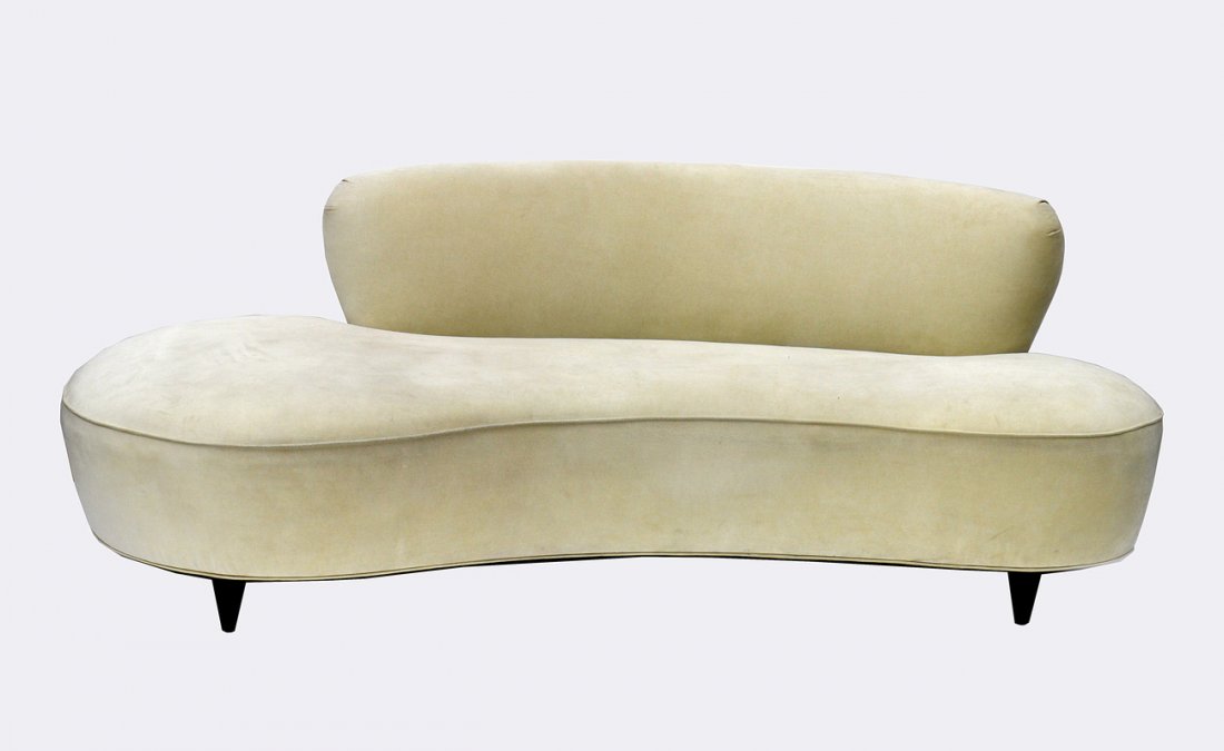 Vladimir Kagan Sofa: Creme ultra suede upholstered settee with tapering turned black walnut feet. 89" W x 40" D x 32" [19" H to seat]. In good condition.