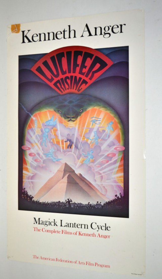 Kenneth Anger "Lucifer Rising" Poster: Film poster circa 1978, for Kenneth Anger's "Lucifer Rising" from the "Magick Lantern Cycle." Light toning and pin holes at corners with small margin tears. 36" x 21".