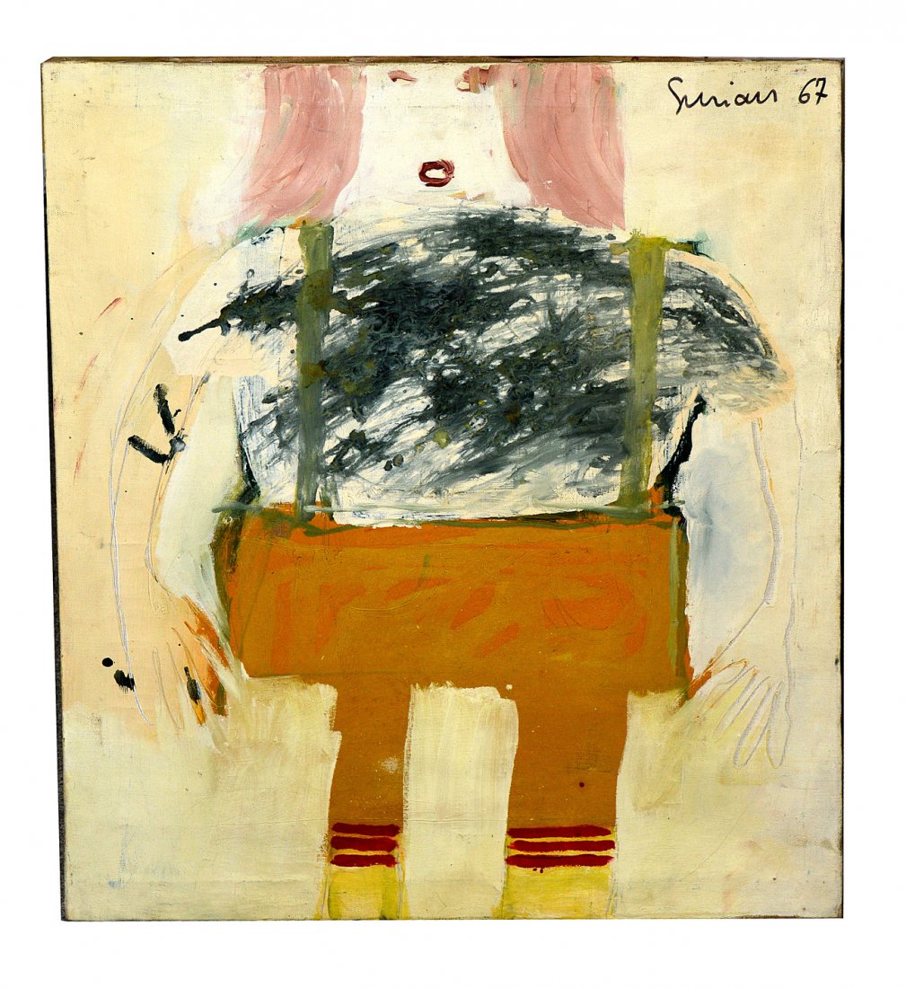 Surian, Oil on Canvas "La Fille a la Mini-Jupe": Unframed oil on canvas depicting an abstract girl in a dress. Signed "Surian '67" upper right and on verso: "Surian Jean-Jacques / 17B - Andre Aune Marseille 6e / ne le 20 fevrier 1942 / 'La fille a l