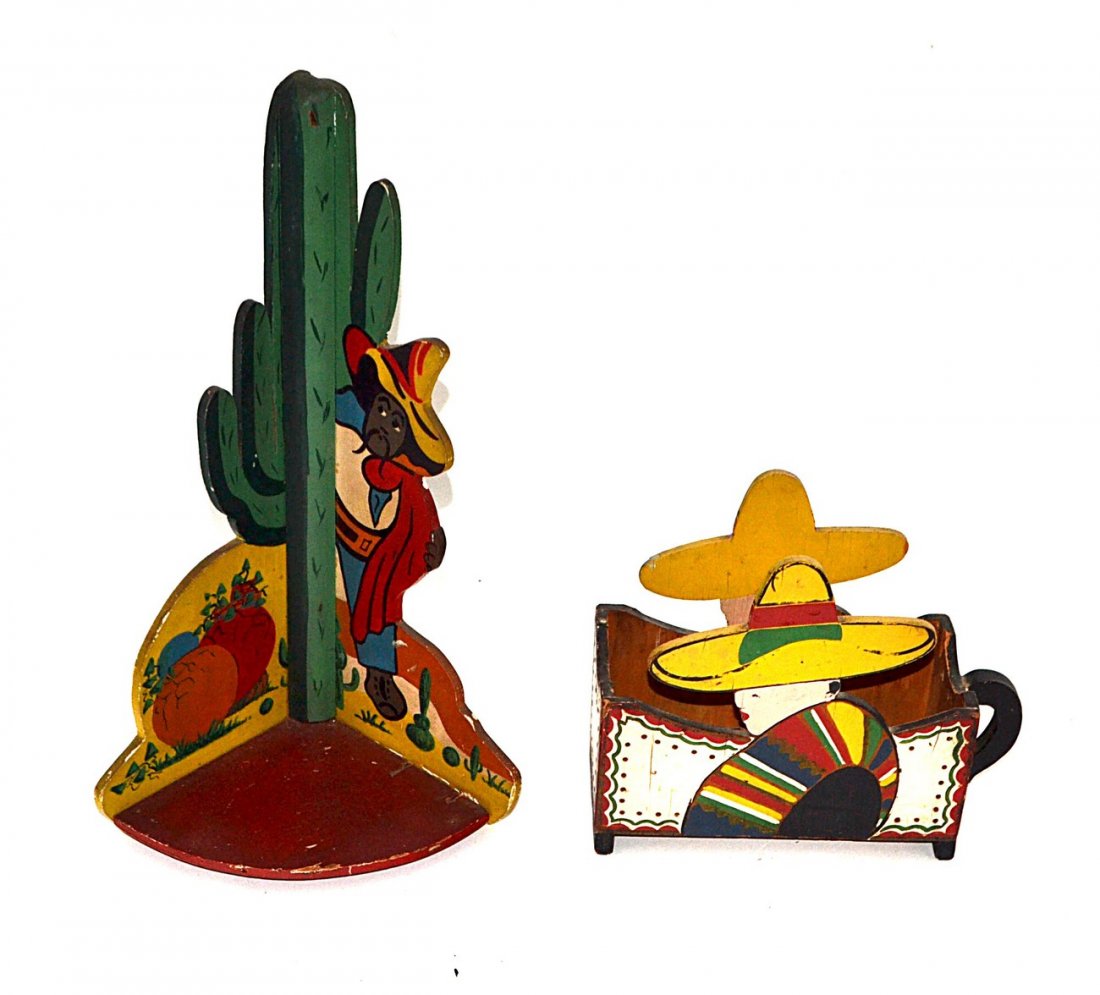 2 Vintage Painted Wood Mexican Folk Art Items: Comprises a napkin holder in the form of a man wearing a sombrero (9 1/2"W x 3 7/8"D x 7 1/2"H) and a whimsical corner wall shelf in the form of a man hiding behind a cactus (9 1/2"W x 6 1/4"D x 15 3/