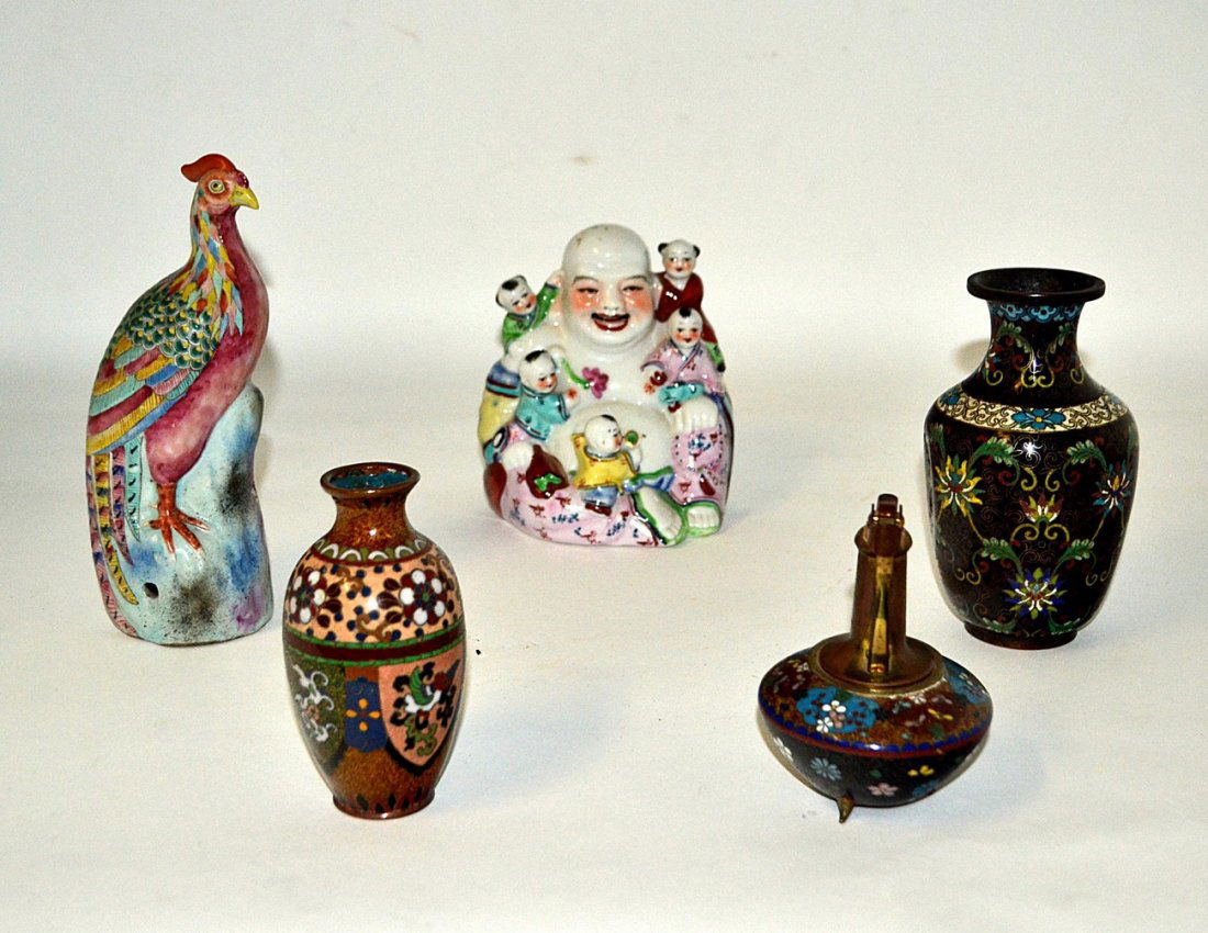 Asst'd Orientalia - Ceramic & Cloisonne Enamel: Comprises three enamel articles: black vase with floral decor (3 1/2"DIA x 6"H.), shallow dent; bud vase with dragon decor (2 1/2"DIA x 4 3/4"H); lighter (3 1/4"DIA x 4 1/2"H), fittings loose, accompa