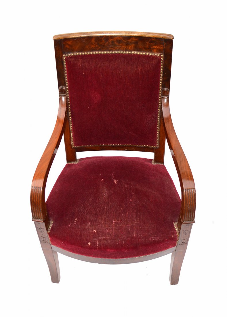 Biedermeier Armchair: Mahogany armchair, burgundy upholstery. Upholstery as is, overall good condition.