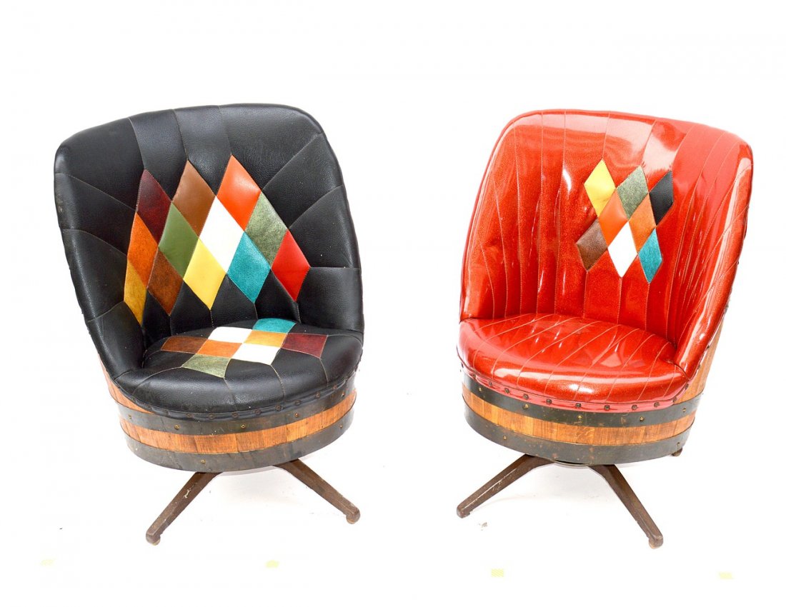 Two Barrel Form Chairs: One with red upholstery, the other geometric.