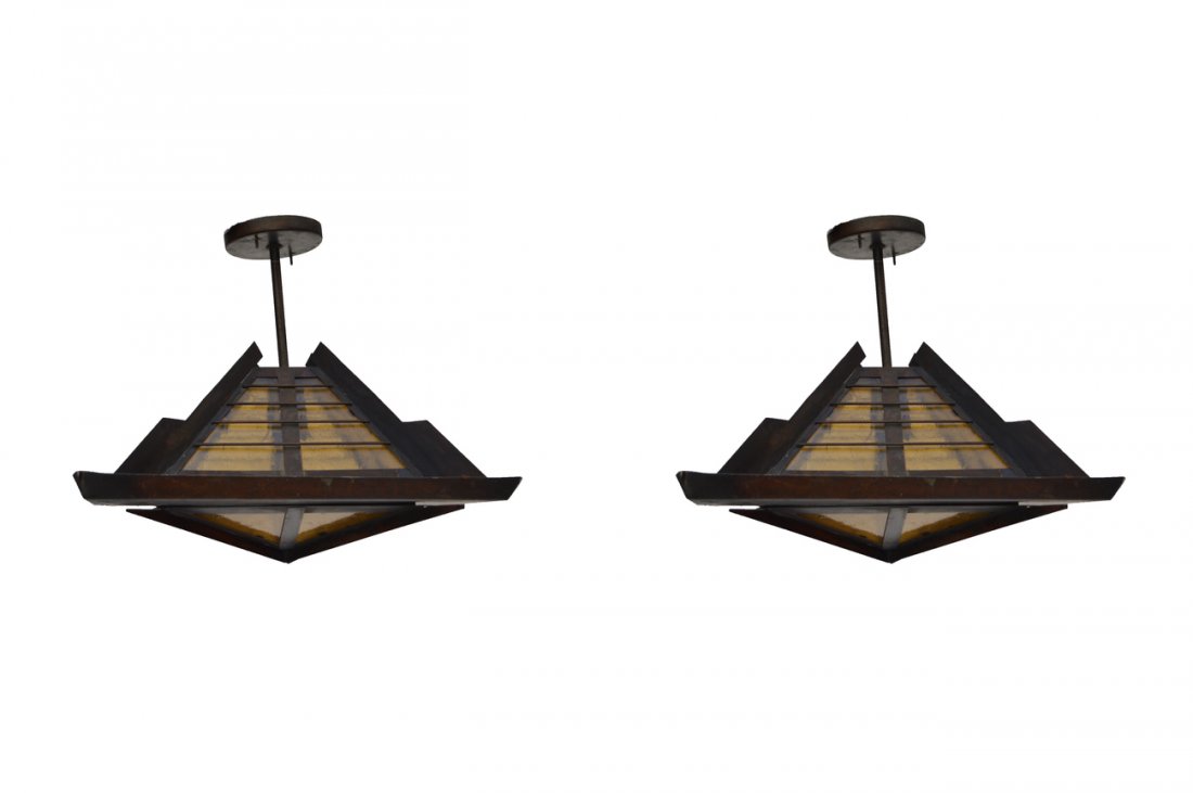 Pair of Copper Lanterns: Prairie school style glass and copper lanterns.