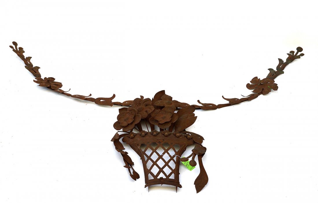 Tole Floral & Basket Applique: A tole applique, basket with a hinged door having a floral deck. 98" L [29" H 18 1/2" L basket].