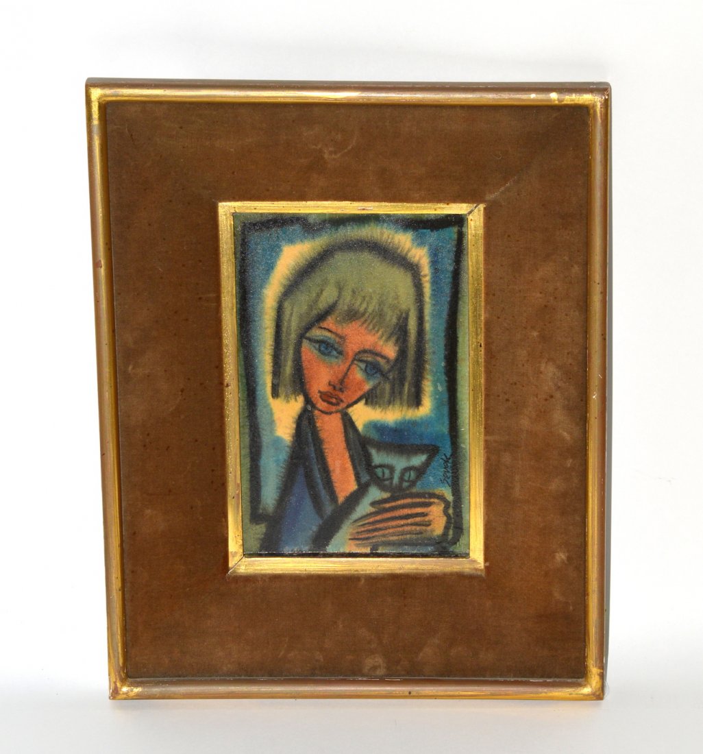 Sevek, Oil on Canvas - Girl & Cat: A framed oil on canvas, girl with a cat, signed lower right. Good condition. Art: 6 1/2" x 9 1/2"; Frame: 13" x 16".