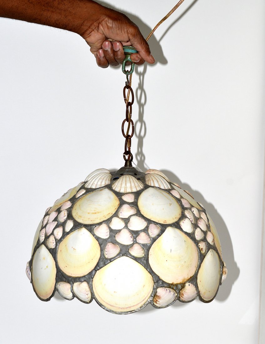 Perry Produit Modern Sea Shell Ceiling Fixture: Dome-form shade composed of assorted translucent sea shells. Signed at top: "Perry/Produit (c) 1973". Bears a single Edison base socket.