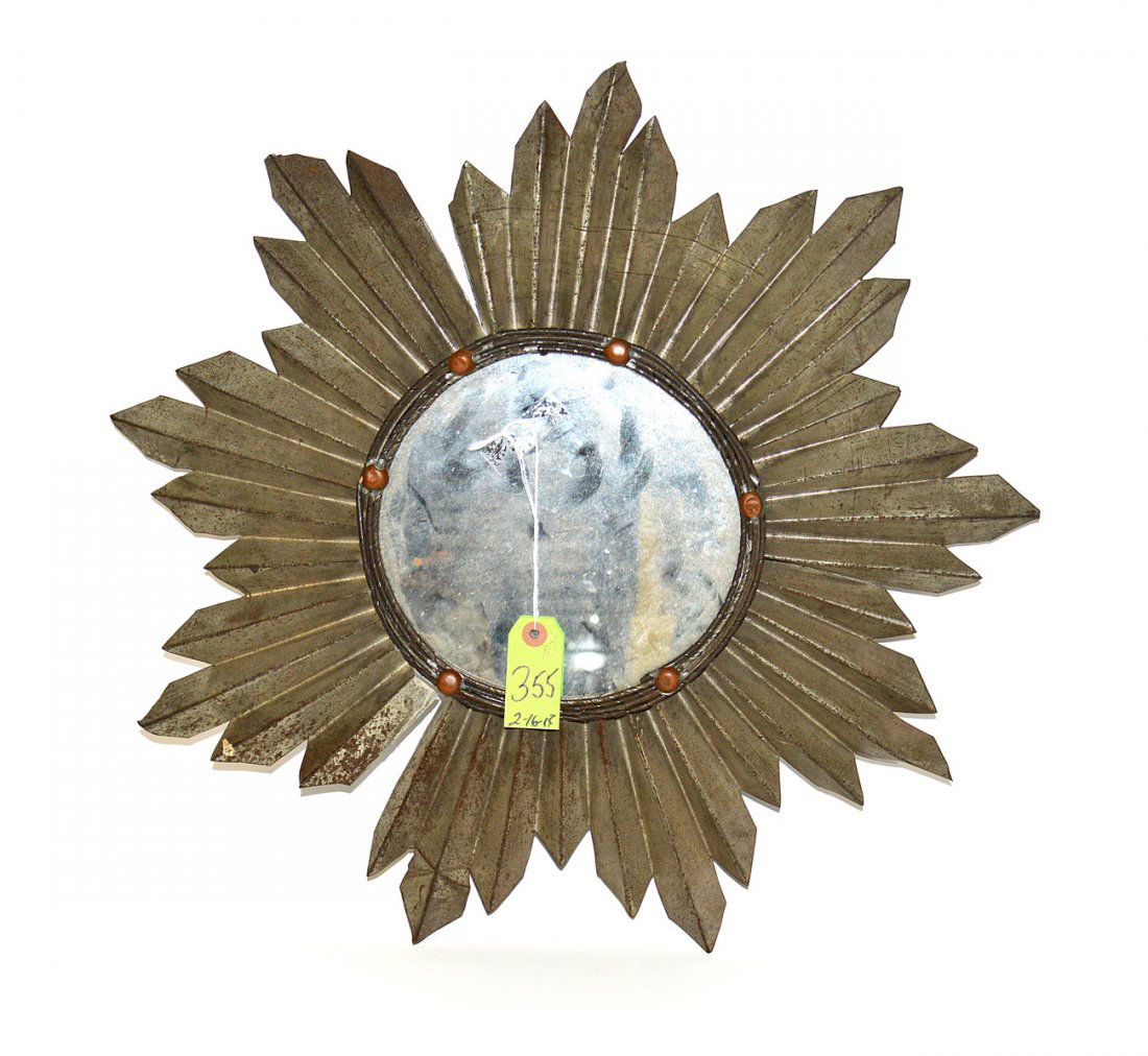 Tin Sunburst Mirror: Tin, silver patina sunburst mirror. As is. 23 1/2" Dia.
