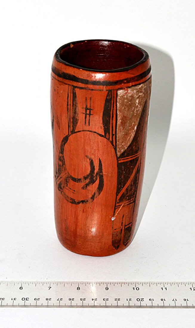 Hopi Pottery Vessel: Vase-form earthenware vessel with geometric design. 7 1/2" H x 3 5/8" Dia. Some wear.