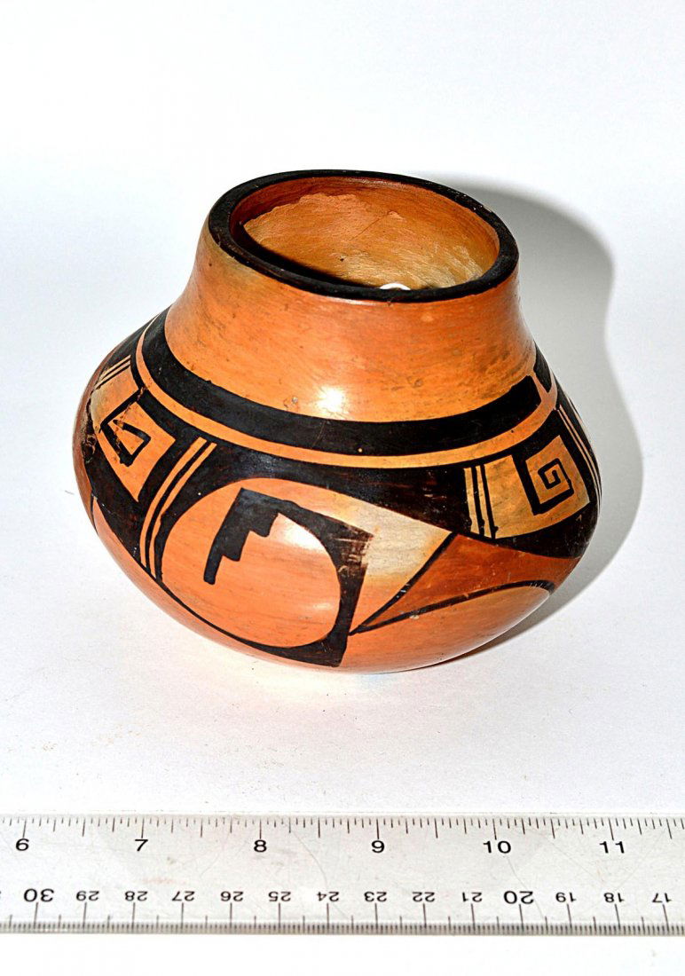Hopi Pottery Gourd-Form Bowl: Earthenware bowl with black and ochre geometric design. 4 3/4" Dia x 4 1/4" H. Some wear.