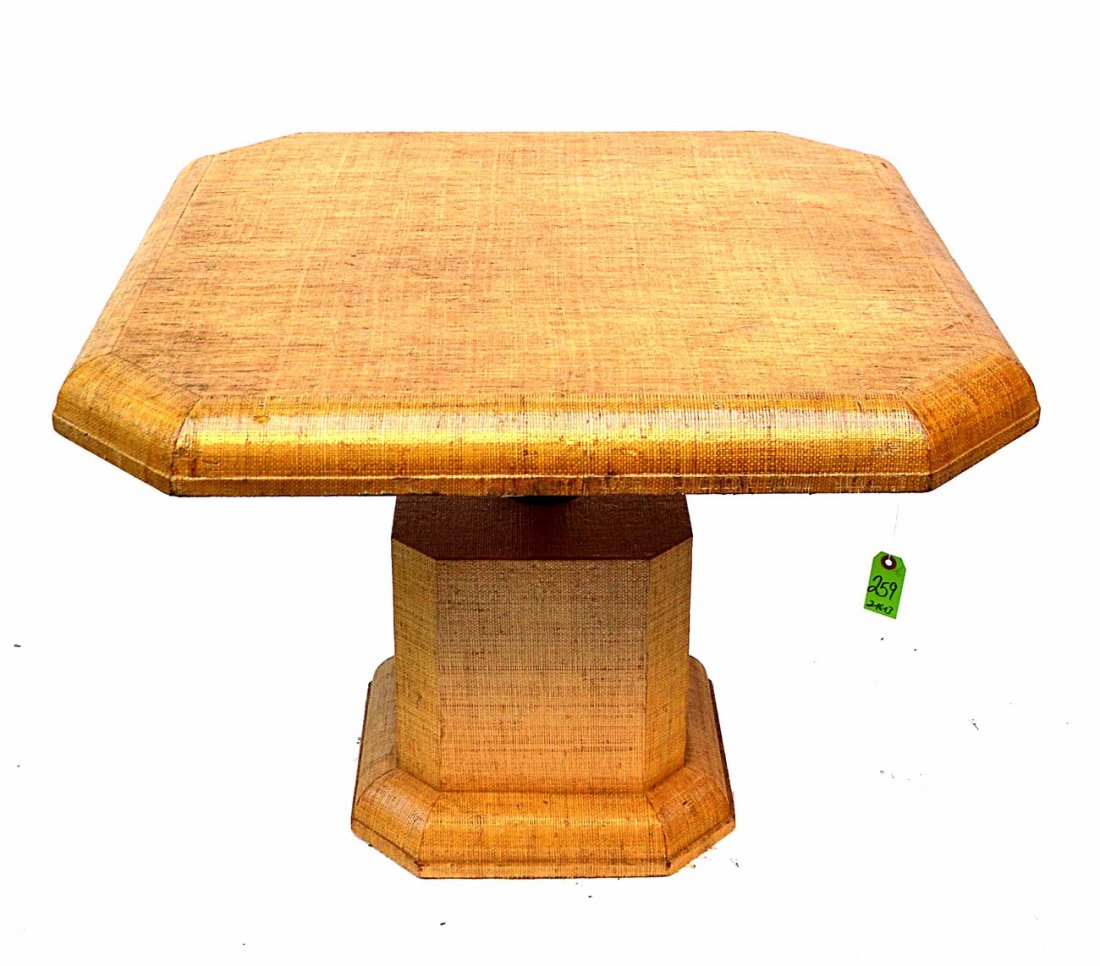 Karl Springer Table: Octagonal modern grass pedestal table, adjustable height. 40" x 40" x 29 1/2".