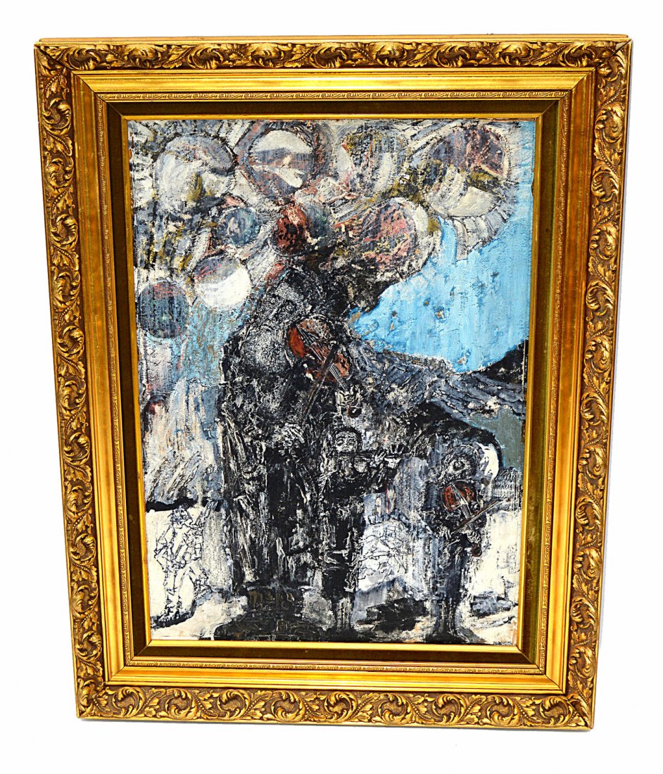 Z. Lachur Okiestra [1920-2007]: Framed tempera on board. Abstract musicians signed lower right, Z. Lachur inscribed verso: "Z. Lachur / Okiestra Zydowska 1966-67." Curling at edges, minor tars. Art: 28" x 19"; Frame: 35 1/2" x 27 1/
