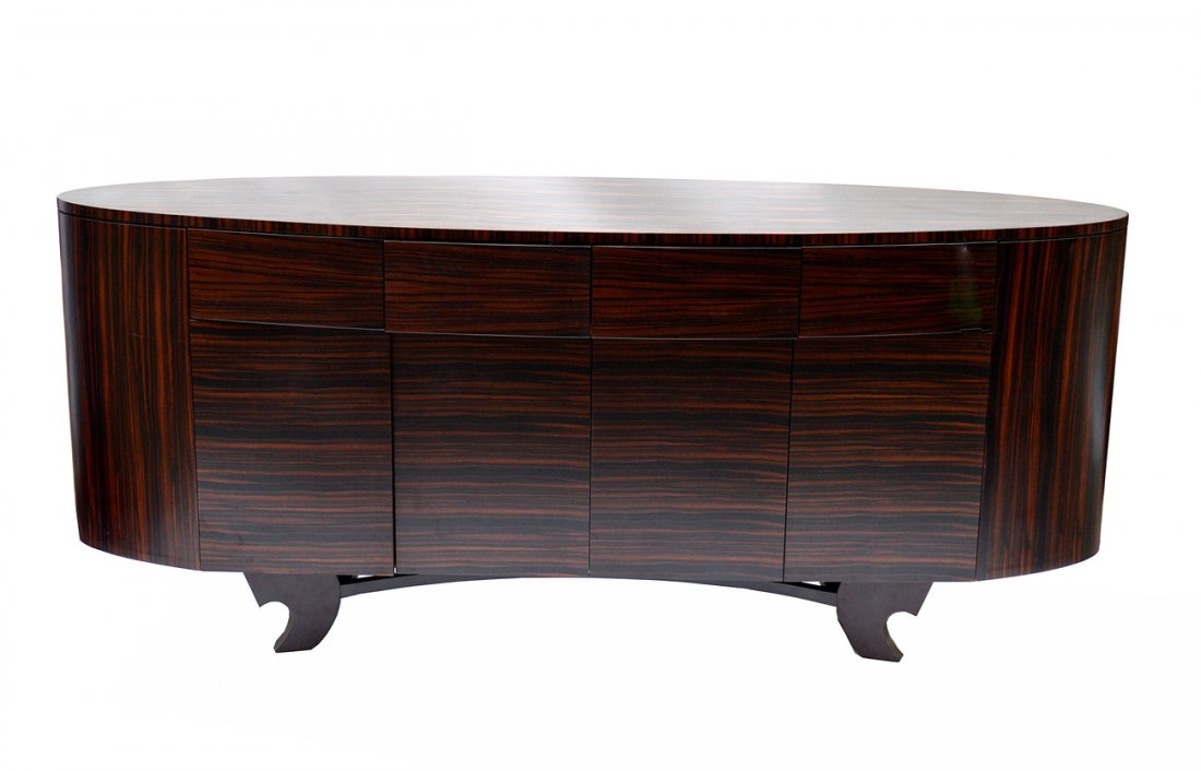 Modern Oval Credenza: Modern amboyna wood style credenza. Four drawers and four doors on shaped legs. Minor scratches. 84" L x 24" D x 35 1/2" H.