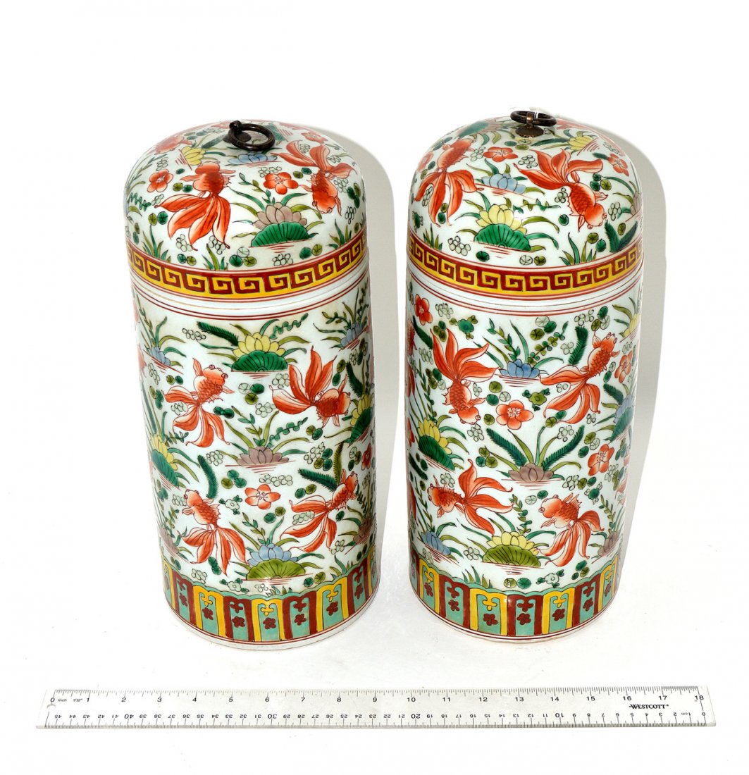 Pair of 20th C. Covered Vases: Pair of aquatic style Chinese vases with covers. 20th C. 14" H.