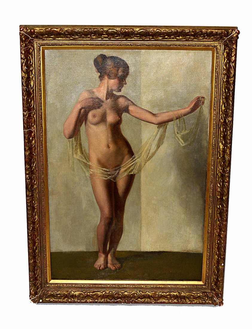 Gerald Cooper, Oil on Canvas, Female Nude: Full-length standing female nude in a 3/4 profile pose. Signed bottom right: "Gerald Cooper." Art: 35 1/2" x 23 1/2". Frame: 42 1/4" x 30 1/4". In good condition.