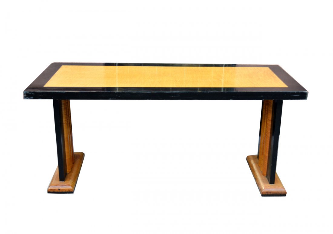 Art Deco Dining Room Table: Lacquered and walnut column form dining room table. 72" x 32" x 30 1/2" H.