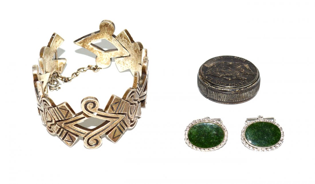 Sterling Bracelet, Cuff Links and Other: Comprises: 1.) Vintage Taxco Taller de Los Ballesteros .9 ozs silver bracelet(3.19 ozt.). 2.) Pair of sterling silver destino jade cuff links. 3.) French Napolean III silver coin pill box (non-silver 