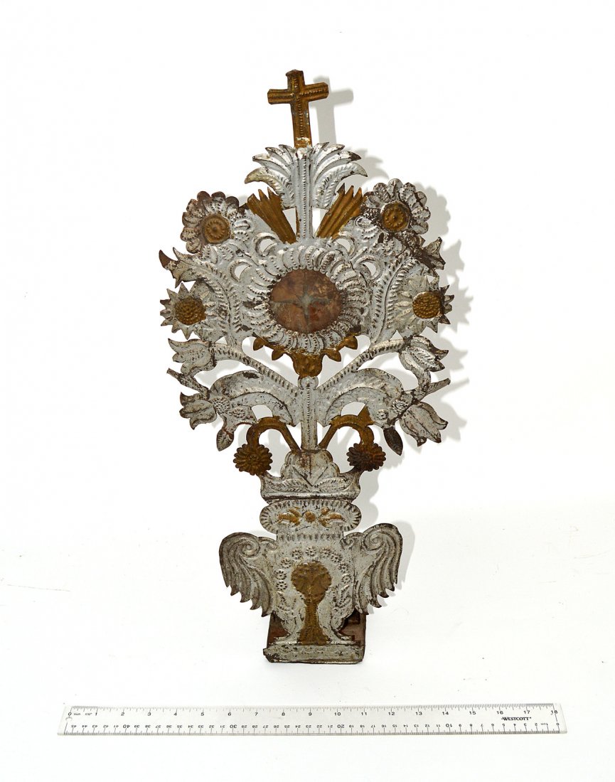 Antique Mexican Tin Monstrance: Stamped and pierced tin monstrance. As is, wear consistent with age and use. 10"W x 4"D x 23 1/4"H.