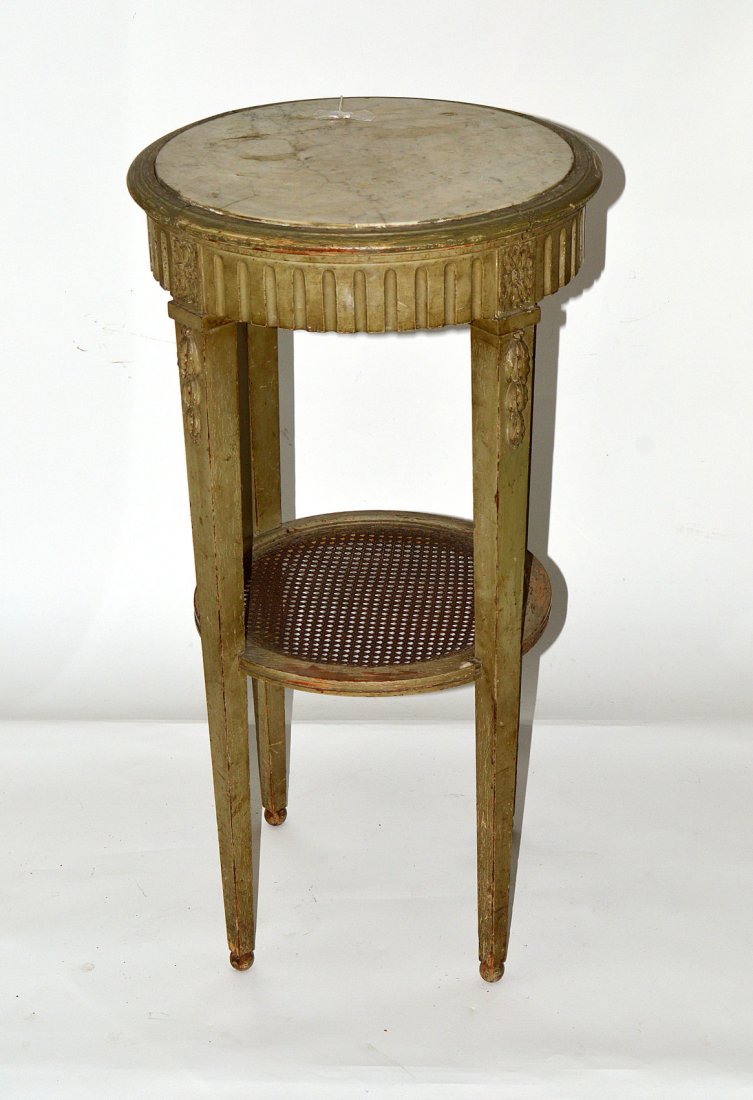 Antique French Marble Inset Table: Painted and decorated round table. 17 3/4" Dia x 33" H. Good, as with age.