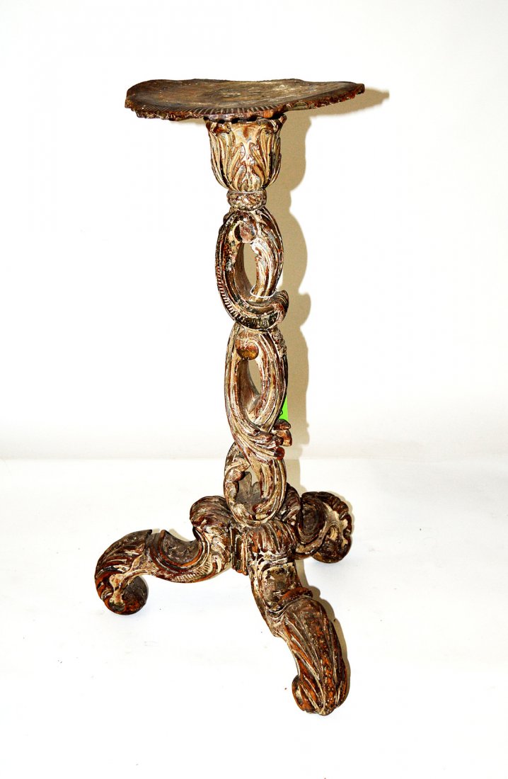 Antique French Stand: Carved and decorated tripod, ribbon form stand. Losses, good, as with age. 31" H x 11 3/4" Dia.