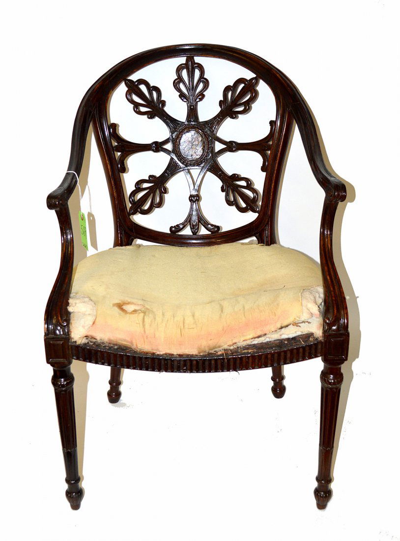 English Style Barrel Back Chair: Mahogany pierced, medallion back, arm chair with reeded legs. Worn, upholstery as is.